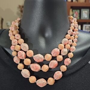 Vintage Japan Peachy Pink Beaded Three Strand Necklace
